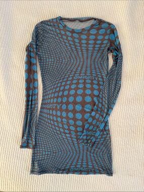 Omighty Optical Polka Dot Mesh Long Sleeve Mini Dress in Blue & Brown Small